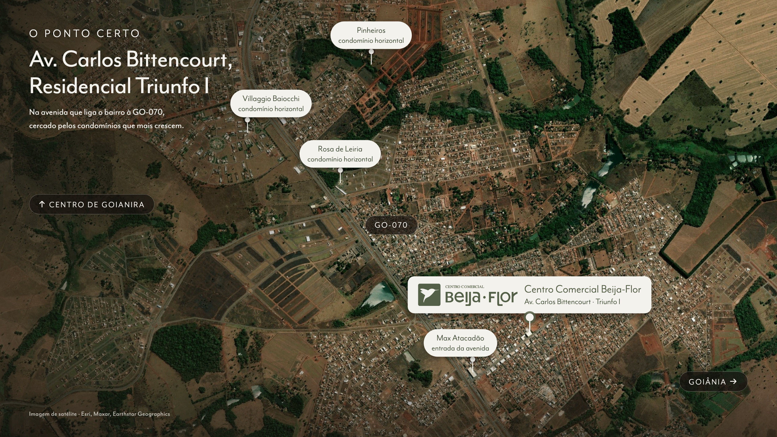 Mapa de localização do Centro Comercial Beija-Flor: 3 min da GO-070, 10 min do centro de Goianira, 6 min de Goiânia
